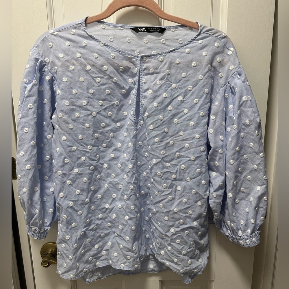 Zara Light Blue Blouse with White Polka Dots - Picture 2 of 4